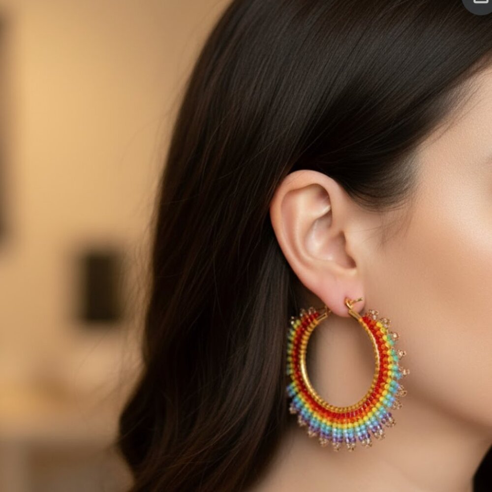 Super Cute & Colorful Rainbow Beaded Hoop Earrings Just the right sparkle